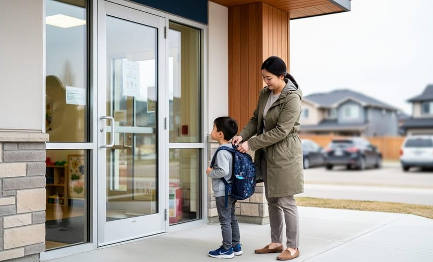 Parent and child standing outside a modern childcare center entrance in Calgary.