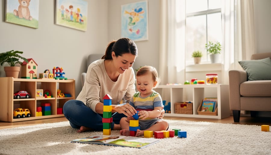 Caregiver playing with a toddler on a play mat in a bright, child-safe home setting
