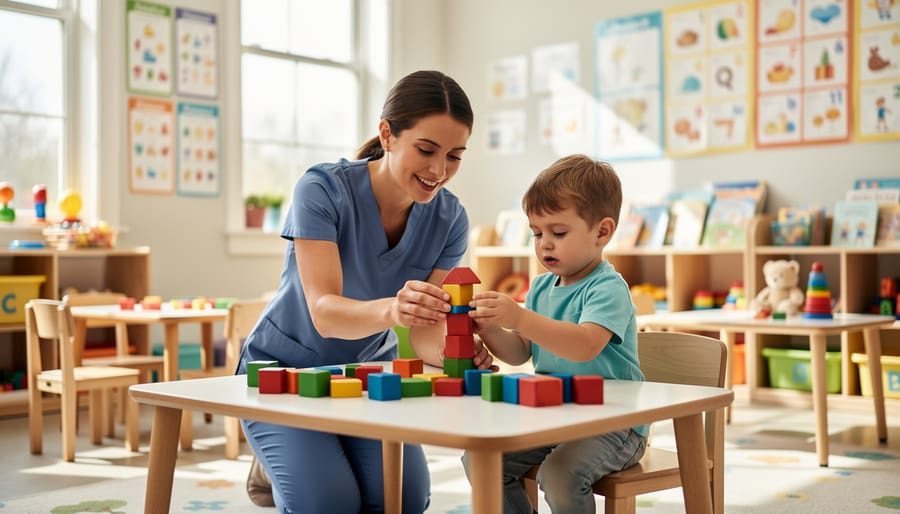 Child care assistant helping a preschool child build with blocks at a daycare table
