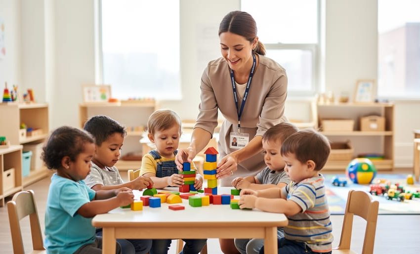 A child care assistant helps toddlers build with colorful blocks in a bright early learning classroom in Canada