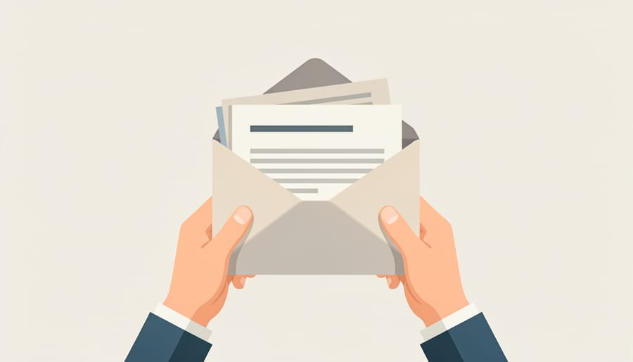 Person holding an envelope of paperwork next to keys and a smartphone on a table