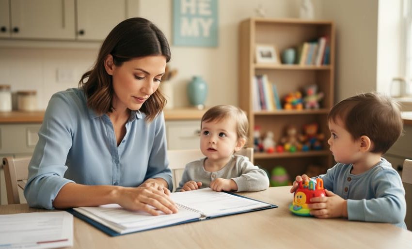 A home child care provider reviews paperwork at a kitchen table with two children playing nearby in a warm home setting.