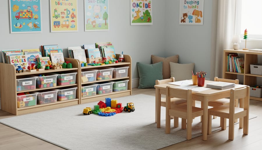 Bright home-style daycare playroom with foam mats and age-appropriate toys arranged neatly