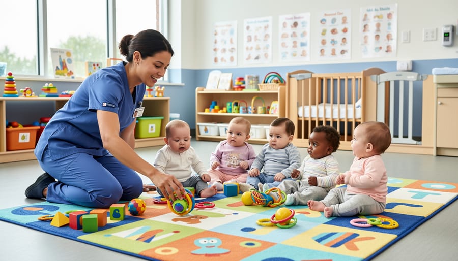 Childcare staff supervising infants during play on a soft play mat in a daycare room
