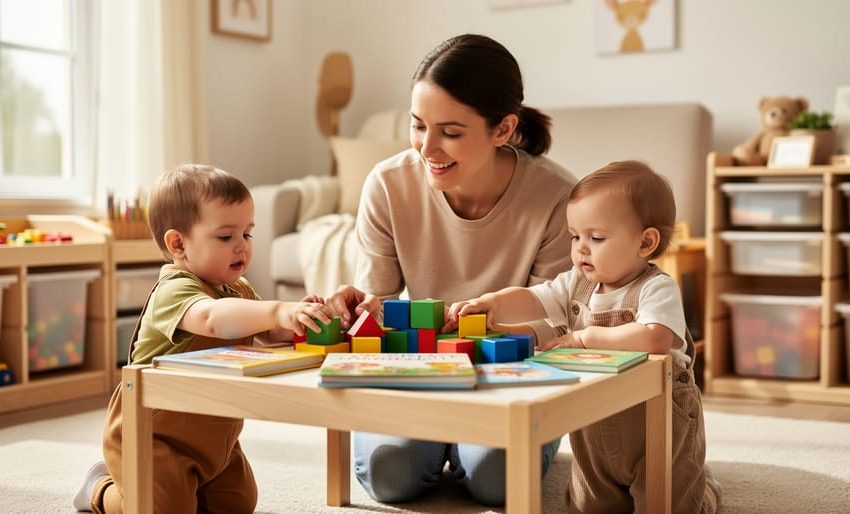 Caregiver kneeling with toddlers at a child-sized activity table with colorful blocks and books in a clean home daycare environment.
