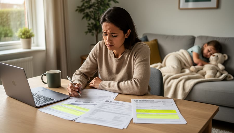 Parent reviewing childcare documents at a kitchen table with a child nearby and a diaper bag in view