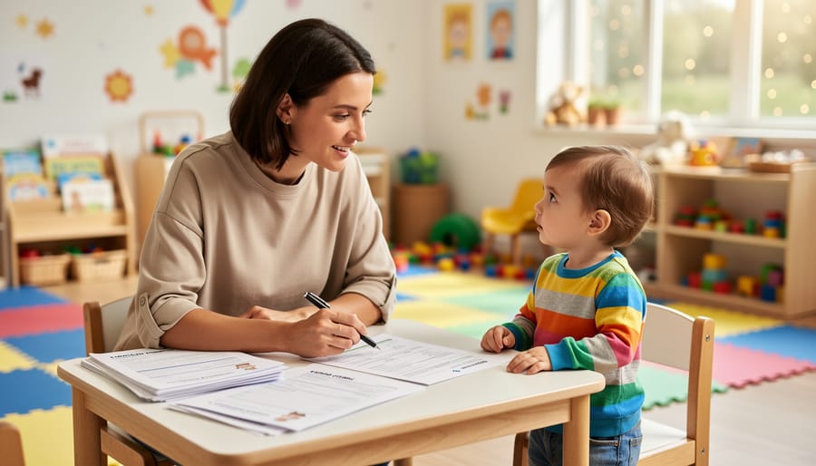 A parent reviewing paperwork with a toddler at a daycare reception desk.