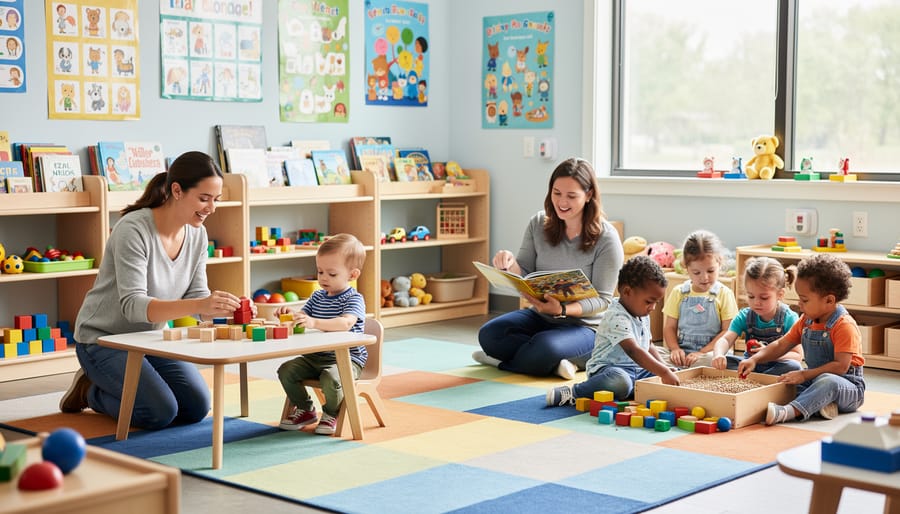 A caregiver kneeling with children in a bright, child-safe daycare classroom.