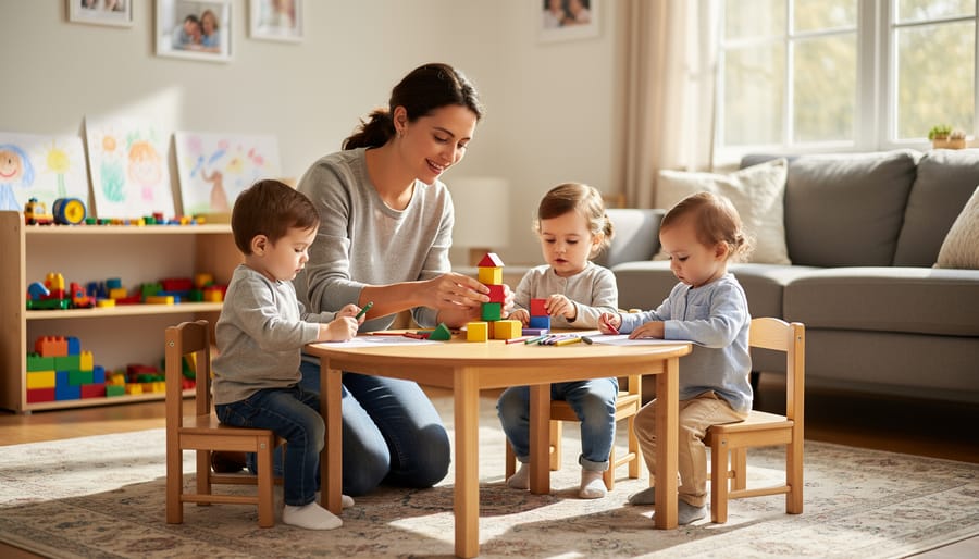 Caregiver supervising toddlers doing a craft at a child-sized table in a small daycare room